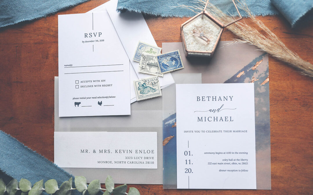 Bethany Collection Modern Dusty Blue and Copper Inspired Wedding Invitation Suite